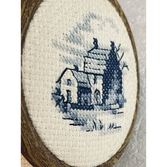 Vintage Dutch Cross Stitch Art Mini Framed Folk Scenes Blue Embroidery Set of 2 - Picture 5 of 7